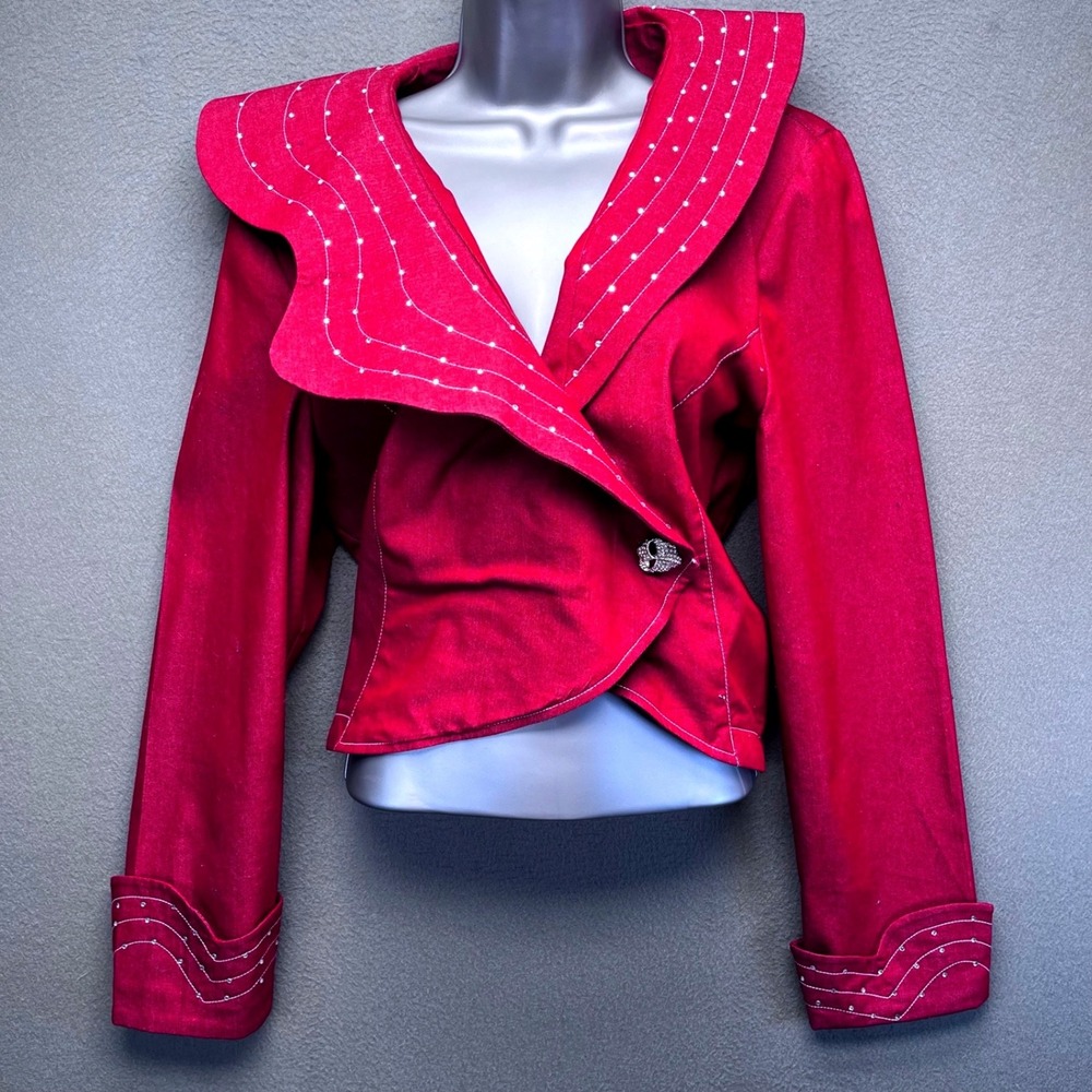 Devine Denim NY Women Jacket Red Rhinestone Wavy Collar Size 10 Y2K Glam